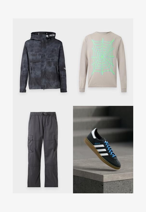 Chaqueta negra-gris resistente al agua con capucha, que presenta un sutil patrón tie-dye, cremallera frontal y bolsillos laterales. Acentuada con el logo de la marca.; Camisa beige de manga larga con un gran diseño de telaraña verde centrado en la parte delantera y puños acanalados en las mangas.; Pantalones cargo de color gris oscuro con cintura elástica, cordón, bolsillos laterales y bolsillos con solapa en cada muslo, mostrados planos sobre un fondo blanco.; Zapatilla negra Adidas con franjas blancas, cordones azules y suela de goma flotando sobre un escalón de hormigón gris con luz suave.