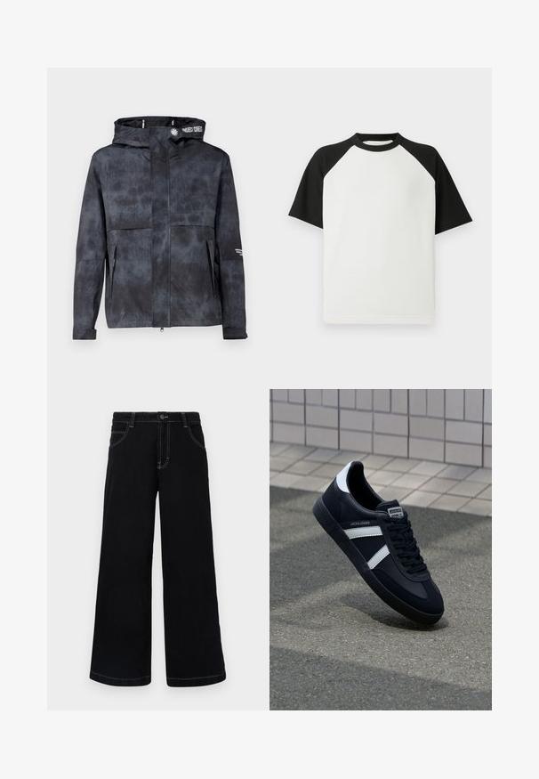 Chaqueta negra-gris resistente al agua con capucha, que presenta un sutil patrón tie-dye, cremallera frontal y bolsillos laterales. Acentuada con el logo de la marca.; Camiseta de manga corta en blanco y negro con textura acanalada; cuenta con mangas raglán y cuello redondo.; Pantalones de mezclilla negros de pierna ancha, con cierre de botón, cinco bolsillos y costuras en contraste de color blanco a lo largo de las costuras.; Zapatilla de cuero negra con rayas blancas, suela de goma texturizada y parte frontal con cordones. Cuenta con una etiqueta de marca en la lengüeta.