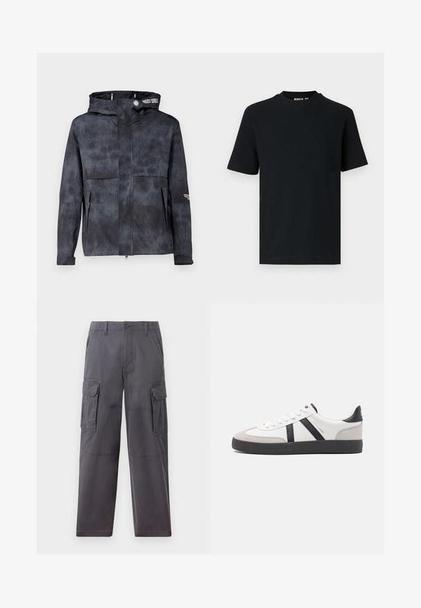 Chaqueta negra-gris resistente al agua con capucha, que presenta un sutil patrón tie-dye, cremallera frontal y bolsillos laterales. Acentuada con el logo de la marca.; Camiseta negra de manga corta con tejido de canalé, cuello redondo y una pequeña etiqueta visible en el interior del cuello.; Hollister Co. SKATER BAGGY - Pantalones cargo - grey; Zapatilla blanca con acentos en negro y gris, que presenta una puntera texturizada en gris, suela de goma negra y cordones planos blancos. Diseño limpio, estilo minimalista.