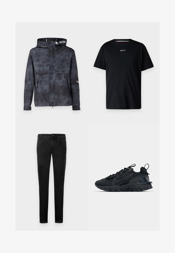 Chaqueta negra-gris resistente al agua con capucha, que presenta un sutil patrón tie-dye, cremallera frontal y bolsillos laterales. Acentuada con el logo de la marca.; Camiseta negra de algodón con cuello redondo y mangas cortas. La palabra "REPLAY" está bordada en blanco en el pecho.; Jeans de mezclilla negra, corte slim, diseño de cinco bolsillos, costuras visibles, cierre frontal con botón y detalle de marca minimalista en el bolsillo trasero.; Zapato deportivo negro con una parte superior de malla transpirable, acentos texturizados y una suela de goma ondulada. Presenta un logotipo reflectante y un sistema de cordones.