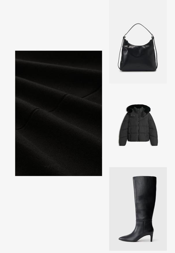 Veste d'hiver noire rembourrée avec fermeture éclair à l'avant, boutons-pression, et une capuche détachable doublée de fausse fourrure noire.; Gros plan sur un tissu noir doux avec des plis subtils et des détails de couture visibles.; Botte noire haute jusqu'au genou en cuir lisse, avec un bout pointu et un talon de hauteur moyenne, au design simple et épuré.; Une jeune femme aux longs cheveux noirs est assise sur un bloc en bois, vêtue d'une tenue crème, tenant un sac à bandoulière en cuir noir croisé sur la poitrine.