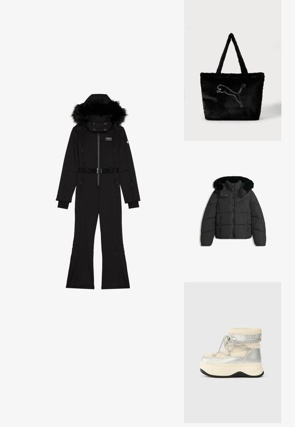 Schwarze gepolsterte Winterjacke mit vorderem Reißverschluss, Druckknöpfen und einer abnehmbaren Kapuze, die mit schwarzem Kunstfell gefüttert ist.; Schwarzer einteiliger Schneeanzug mit gefütterter Kapuze aus Fell, Reißverschluss vorne, verstellbarem Taillengürtel und mehreren Reißverschlusstaschen. Glattes, strukturiertes Material.; Silberne und cremefarbene High-Top-Stiefel mit Kunstfellfutter, dicker weißer Plateausohle und grauen Schnürsenkeln. Mit geprägtem Logo an der Seite.; Schwarze Fake-Fur-Shopper-Tasche mit langen Griffen und einem großen weißen umrissenen Puma-Logo mittig vorne vor einfachem Hintergrund.