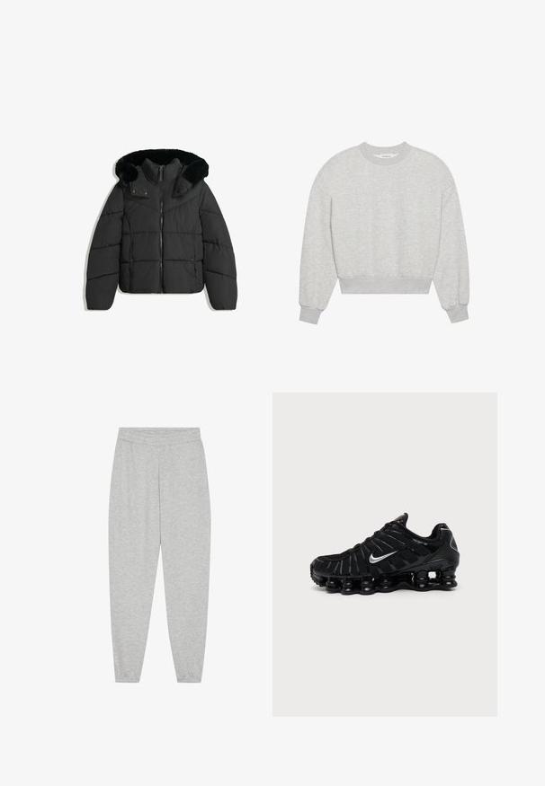 Schwarze gepolsterte Winterjacke mit vorderem Reißverschluss, Druckknöpfen und einer abnehmbaren Kapuze, die mit schwarzem Kunstfell gefüttert ist.; Grauer, verkürzter Sweatshirt mit rundem Ausschnitt, überschnittenen Schultern, langen Ärmeln mit gerippten Bündchen, aus weichem Baumwollmischgewebe, mit minimaler Textur.; Helle graue Jogginghose aus einem weichen Baumwollmix, mit einem elastischen Bund, schmalen, gerippten Knöcheln und ohne sichtbare Taschen oder Muster.; Schwarzer Nike Sportschuh mit silbernem Swoosh-Logo, Mesh- und synthetischem Obermaterial und einer markanten segmentierten gepolsterten Sohle.