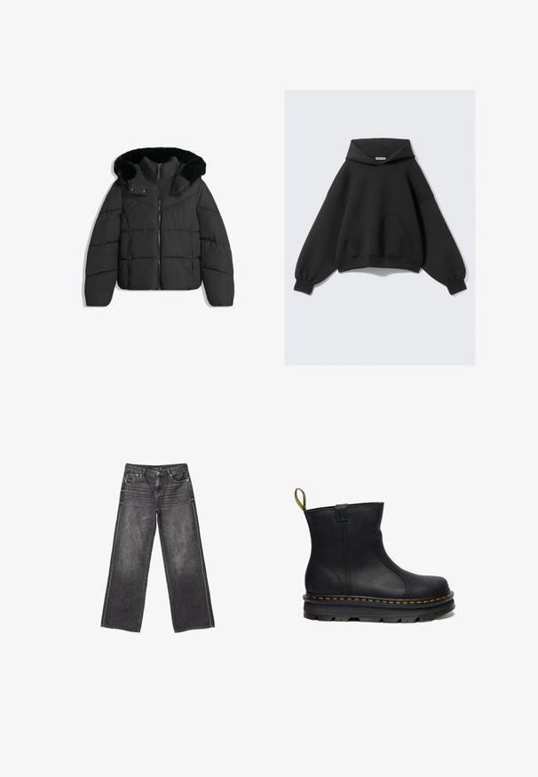 Schwarze gepolsterte Winterjacke mit vorderem Reißverschluss, Druckknöpfen und einer abnehmbaren Kapuze, die mit schwarzem Kunstfell gefüttert ist.; Schwarzer Kapuzenpullover mit lockerem Schnitt, langen Ärmeln und einer Fronttasche. Hergestellt aus weichem Stoff mit glatter Textur.; Dunkelgraue weite Jeans aus Denim mit Vorder- und Hintertaschen, Knopfverschluss und dezentem, ausgewaschenem Detail.; Schwarze Leder-Ankle-Boots mit runder Zehenpartie, strukturierter Oberfläche, gelben Nähten entlang der Sohle und einer Zugschlaufe auf der Rückseite.