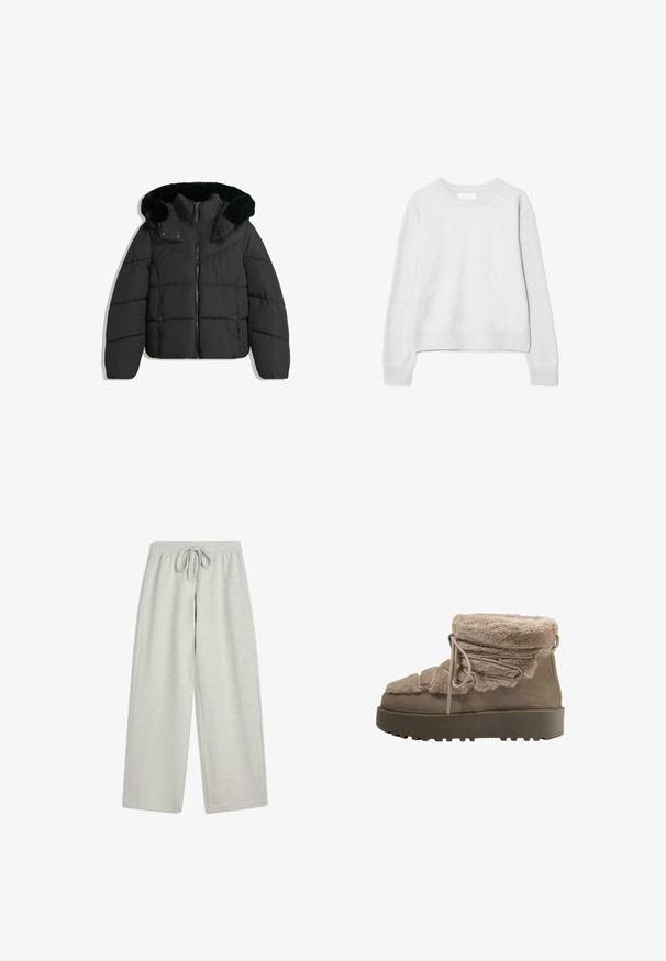 Musta vuorattu talvitakki, jossa on edessä vetoketju, napit ja irrotettava hupun vuori mustasta tekoturkista.; Vaaleanharmaa pitkähihaistee crewneck -neule, jossa on ribbaushihat ja helma, valmistettu pehmeästä neuloksesta, esiteltynä valkoisella taustalla.; Vaaleanharmaat, leveälahkeiset collegehousut, joissa on pehmeä pinta, joustava vyötärönauha ja etuosassa solmittava yksityiskohta. Taskuja ei ole näkyvissä. Rentoon käyttöön sopiva malli.; Väri ruskeat nilkkurit valmistettu mokasta ja tekokarvasta, joissa on paksu pohja, nauhakuvioita ja pehmeä reunus lisämukavuutta varten.