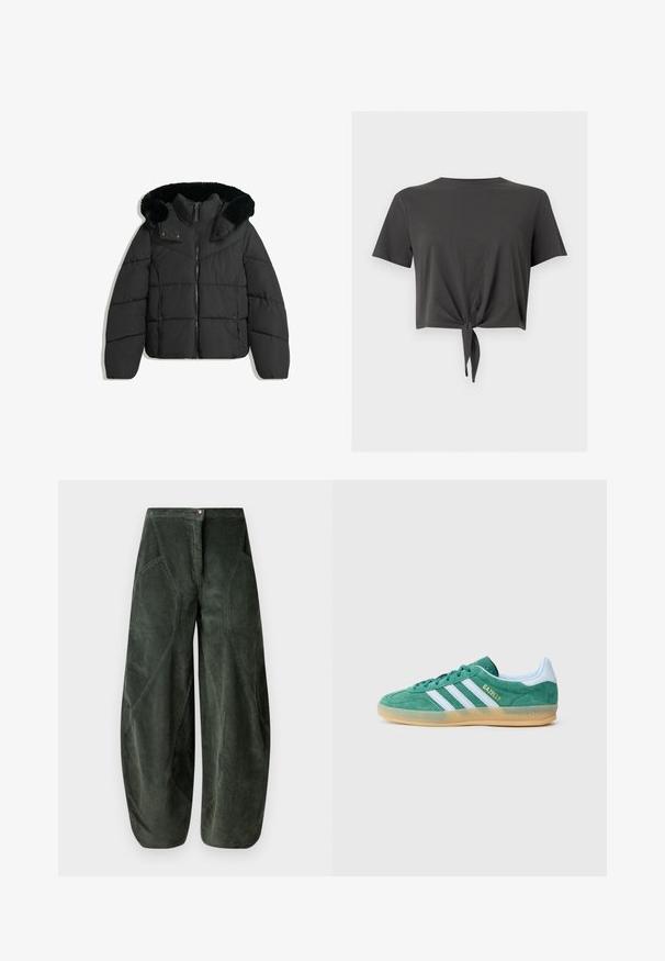 Veste d'hiver noire rembourrée avec fermeture éclair à l'avant, boutons-pression, et une capuche détachable doublée de fausse fourrure noire.; T-shirt court gris foncé à manches courtes avec un col rond et un nœud noué à l'avant sur l'ourlet.; Pantalons à jambe large en velours côtelé vert foncé, dotés d'une fermeture à bouton et de poches latérales inclinées avec un motif texturé à côtes.; Baskets en daim vert avec des bandes blanches et le logo "Gazelle" doré. Elles présentent un talon bleu clair et une semelle en gomme. Design discret.