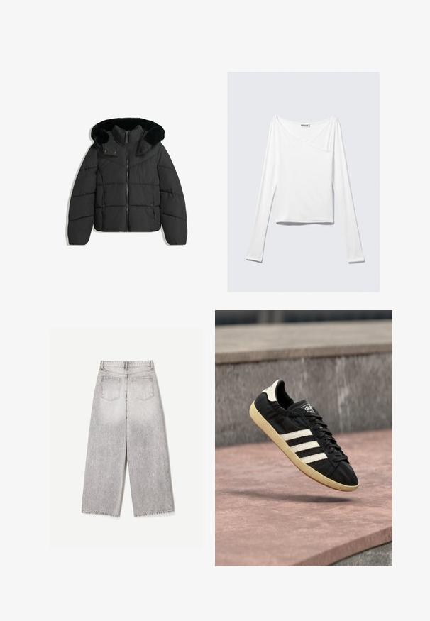 Veste d'hiver noire rembourrée avec fermeture éclair à l'avant, boutons-pression, et une capuche détachable doublée de fausse fourrure noire.; Haut blanc à manches longues avec un design croisé et une poche. Fabriqué dans un tissu lisse et extensible. Coupé dans une coupe décontractée et ample.; Jean gris clair à jambes larges, taille haute avec deux poches arrière, vu de dos sur un fond blanc uni.; Baskets Adidas noires avec des bandes blanches et une semelle beige, capturées en plein air au-dessus d'une surface en pierre et d'un mur en pierre en arrière-plan.