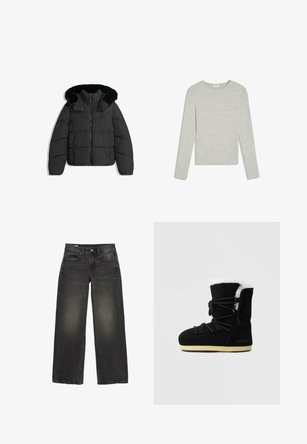 Veste d'hiver noire rembourrée avec fermeture éclair à l'avant, boutons-pression, et une capuche détachable doublée de fausse fourrure noire.; Chemise gris clair à manches longues avec col rond, coupe ajustée et sans motifs ou logos visibles, posée à plat sur un fond blanc.; Jean noir à jambes larges avec détails délavés, bouton frontal, fermeture éclair et cinq poches, posé à plat sur fond blanc.; Botte en suede noire avec une doublure en fourrure blanche, présentant un laçage à l'avant, un support de cheville rembourré et une semelle en caoutchouc pour l'adhérence.
