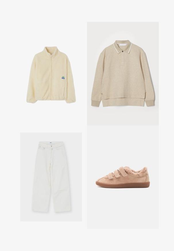 Kermainen fleece-takki, jossa on vetoketju, korkea kaulus ja sivutaskut. Vasemmassa rinnassa on pieni monivärinen brändilogo.; Beige polo-sweater med krave og knaplukning. Blød tekstur, sideslids og kontrasterende hvid kant rundt om kraven.; Valkoiset korkeavyötäröiset leveälahkeiset farkut, joissa napin ja vetoketjun suljenta, vyölenkit ja etutaskut, asetettuna tasaisesti valkoiselle taustalle.; Beigen värinen mokkanahkainen tennari, jossa on kolme tarranauhaa, pehmeä turkisläpäte, kumipohja ja pienet koristeelliset niitit kantapäässä.