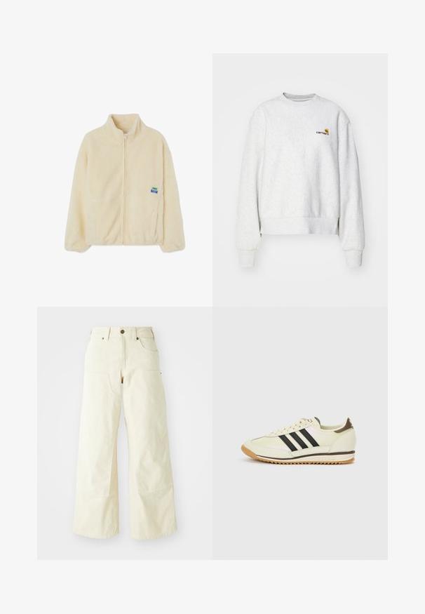 Crèmekleurige fleecejack met een ritssluiting aan de voorkant, hoge kraag en zijzakken. Kenmerkt zich door een klein, multicolore merkpatch op de linkerborst.; Grijze crewneck sweatshirt van een zachte stof met geribbelde manchetten en onderrand; voorzien van een geborduurd logo op de borst in geel en bordeauxrood.; Beige wijde broekspijpen van katoen, met een hoge taille, grote zijzakken en een gladde textuur met minimale stikdetails.; Witte sneaker met zwarte strepen, leren bovenwerk, rubberen zool en beige accenten. Heeft een klassiek veterdesign en een getextureerde tong.