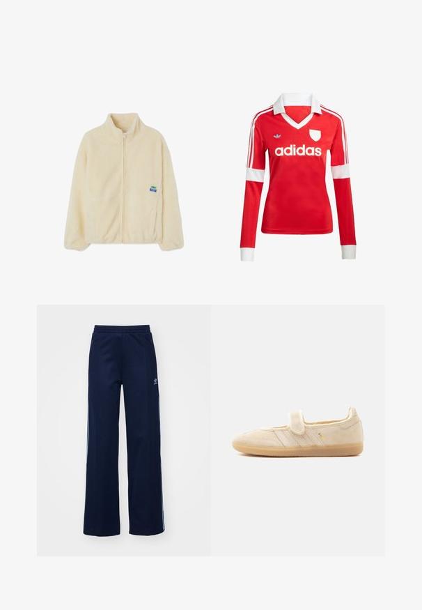 Crèmekleurige fleecejack met een ritssluiting aan de voorkant, hoge kraag en zijzakken. Kenmerkt zich door een klein, multicolore merkpatch op de linkerborst.; Rode lange mouwen voetbalshirt met een witte kraag en manchetten. Heeft drie witte strepen op de schouders en het "adidas" logo prominent weergegeven.; Marineblauwe katoenen joggingsbroek met een brede pijpdesign, elastische tailleband en ritszakken, voorzien van witte zijstrepen en logo-detail.; Beige suède Mary Jane sneaker met klittenbandsluiting, rubberen zool, drie gestikte strepen en gouden "SAMBA"-branding aan de zijkant.