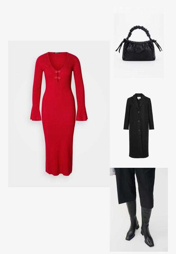 Manteau en laine noire au design ajusté, avec un col cranté, des manches longues, trois boutons sur le devant et des poches latérales. Texture lisse.; Robe en tricot côtelé rouge avec un décolleté en V, trois boutons décoratifs et des manches cloche. La robe a une silhouette ajustée et une longueur jusqu'aux genoux.; Bottes en cuir noir arrivant au genou avec un bout carré et un talon bloc. Elles présentent une fermeture éclair sur le côté et une texture lisse.; Sac à main noir avec texture crocodile, bord supérieur froncé, poignée plissée et pompons à cordon de chaque côté sur fond blanc.