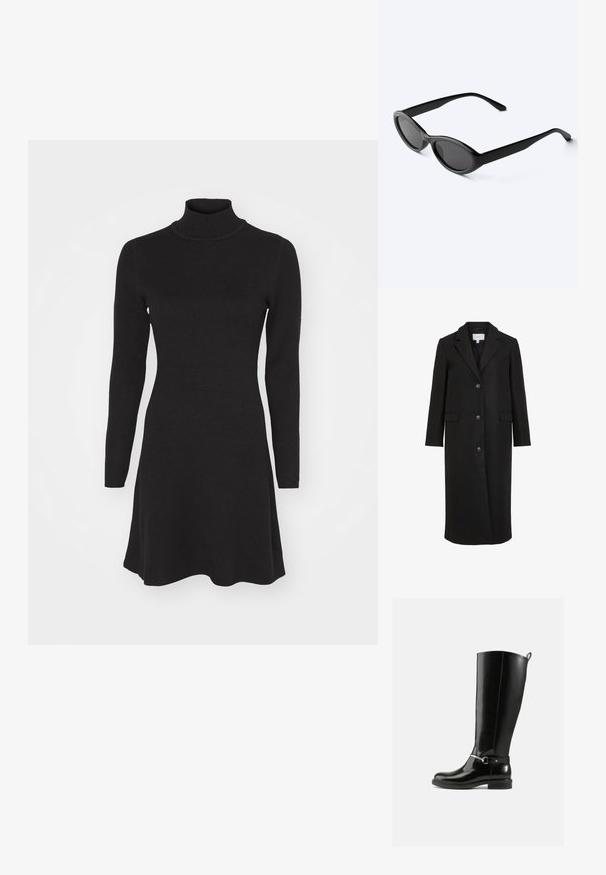 Manteau en laine noire au design ajusté, avec un col cranté, des manches longues, trois boutons sur le devant et des poches latérales. Texture lisse.; Robe noire à manches longues et col montant avec un corsage ajusté et une jupe évasée. Fabriquée dans un tissu doux et texturé, elle présente une couleur unie lisse.; Bottes noires montantes en cuir verni, avec un détail de boucle argentée à la cheville et une conception à bout arrondi. Semelle plate.; Lunettes de soleil ovales noires et élégantes avec des verres foncés et des branches droites, posées sur une surface blanche.
