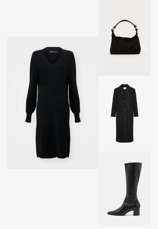 Abrigo de lana negro con un diseño ajustado, que presenta un cuello con muescas, mangas largas, tres botones en la parte delantera y bolsillos laterales. Textura suave.; Vestido de punto negro con escote en V, mangas largas tipo globo y aberturas laterales. La tela tiene una textura suave y una silueta holgada.; Bota de cuero negro hasta la rodilla con punta afilada, detalles de costura mínimos y un tacón cuadrado robusto. Textura lisa con un acabado brillante.; Bolso de mano de piel sintética negra con una textura suave, forma redondeada y una resistente correa de cuero negro para el hombro. Acentos de herrajes plateados visibles.