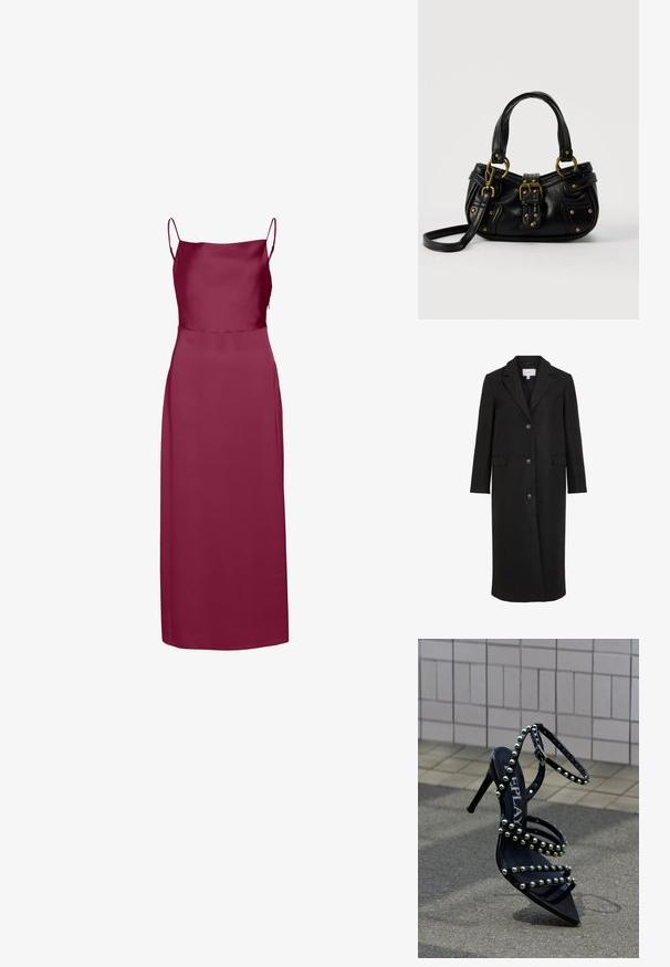 Sort uldfrakke med skræddersyet design, der har en spids krave, lange ærmer, tre frontknapper og sidelommer. Glat tekstur.; Ærmeløs, lang satin kjole i dyb bordeaux med tynde spaghettistropper og en lige halsudskæring.; Sort højhælet sandal med spids tå, som har flere remme pyntet med sølvnitter, blank finish og spænde-detalje.; Sort læderhåndtaske med guldbælge og nitdetaljer, korte håndtag og en justerbar skulderrem på en ensfarvet hvid baggrund.