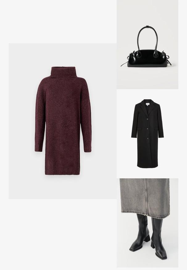 Sort uldfrakke med skræddersyet design, der har en spids krave, lange ærmer, tre frontknapper og sidelommer. Glat tekstur.; Bourgogne strikket sweaterkjole med høj ribbet krave, lange ærmer og løs pasform. Blød tekstur med en let børstet finish.; Sorte knæhøje støvler i glat læder med firkantet tå og blokeret hæl. Båret med en grå denimnederdel med flosset kant.; Lille sort blank håndtaske med to lange håndtag og snøre-detaljer i siden på en ensfarvet lys baggrund.