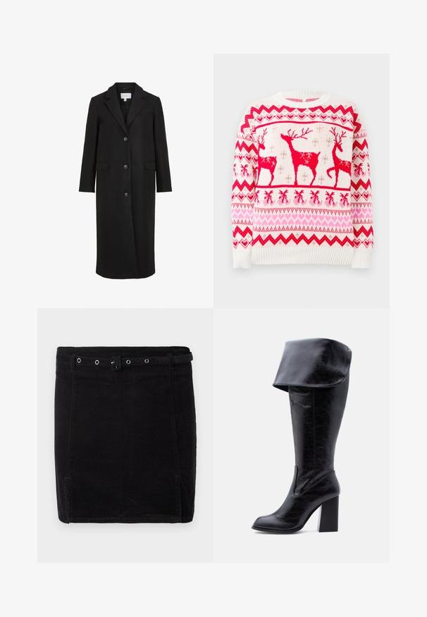Manteau en laine noire au design ajusté, avec un col cranté, des manches longues, trois boutons sur le devant et des poches latérales. Texture lisse.; Pull en tricot blanc avec un motif de renne rouge et rose, comportant des cœurs et des motifs en zigzag. Manches et ourlet côtelés. Col rond classique.; Jupe en velours côtelé noir au design ajusté, dotée d'une ceinture, de détails en métal argenté et d'une texture de côtes verticales discrètes.; Botte haute en cuir noir avec talon, bord plié et bout arrondi, debout sur un fond blanc.