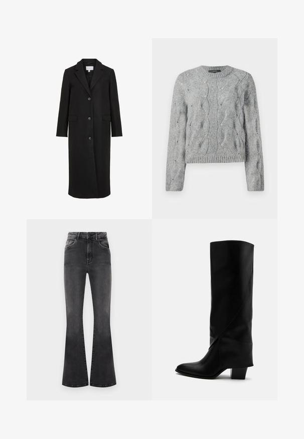Abrigo de lana negro con un diseño ajustado, que presenta un cuello con muescas, mangas largas, tres botones en la parte delantera y bolsillos laterales. Textura suave.; Suéter gris de punto trenzado de manga larga con cuello redondo y puños y dobladillo acanalados, presentado sobre un fondo blanco.; Pantalones vaqueros negros acampanados con cintura alta, detalles de costura y cinco bolsillos. La tela tiene una textura suave con un acabado desgastado.; Bota alta de cuero negro con costuras anguladas, puntera puntiaguda y tacón grueso de altura media sobre fondo blanco.