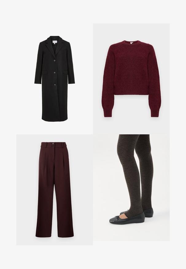 Manteau en laine noire au design ajusté, avec un col cranté, des manches longues, trois boutons sur le devant et des poches latérales. Texture lisse.; Pull en mélange de laine bourgogne, à col rond, avec des manches longues et des poignets et ourlet côtelés.; Pantalons évasés en bordeaux foncé, avec une taille haute, deux plis à l'avant et une fermeture à deux boutons. Fabriqués en tissu texturé.; Jambes portant des leggings côtelés foncés associés à des ballerines noires avec de petits détails en nœud sur fond blanc.