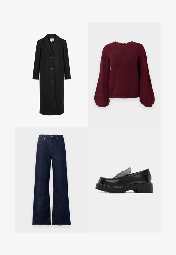 Manteau en laine noire au design ajusté, avec un col cranté, des manches longues, trois boutons sur le devant et des poches latérales. Texture lisse.; Pull en tricot bourgogne avec un motif de boules texturé, un col rond et des manches ballon avec des poignets côtelés.; Jean large bleu foncé en denim. Caractéristiques : fermeture par bouton, détails de couture et poches latérales. Ourlet évasé en bas.; Mocassins en cuir noir avec une semelle épaisse et texturée, dotés d'une sangle sur le vamp et d'une finition lisse et polie.