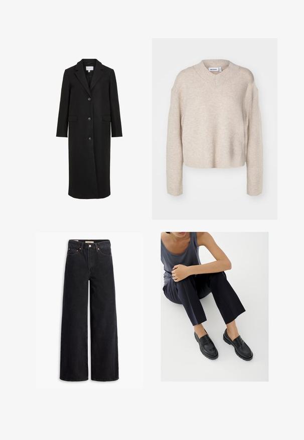 Abrigo de lana negro con un diseño ajustado, que presenta un cuello con muescas, mangas largas, tres botones en la parte delantera y bolsillos laterales. Textura suave.; Weekday REESE V NECK - Jersey de punto - light mole; Jeans de pierna ancha negros hechos de denim, con cinco bolsillos, remaches de cobre y un cierre clásico de botón. Textura suave con un diseño limpio.; Mocasines de cuero negro con detalles texturizados, tacón bajo, puntera redonda y costuras visibles. Modelo vistiendo pantalones oscuros y una blusa gris.