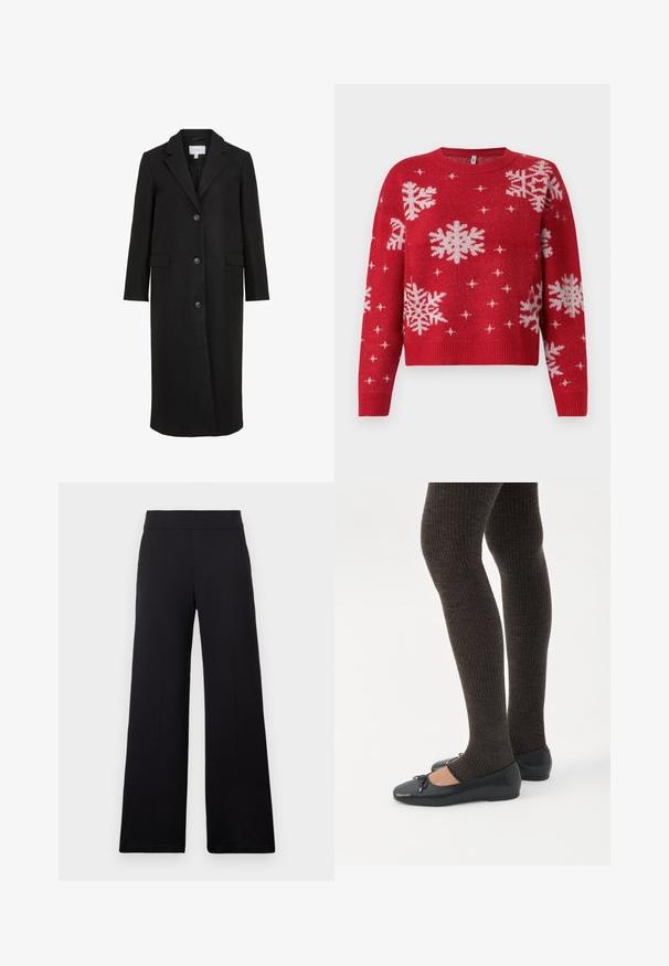 Manteau en laine noire au design ajusté, avec un col cranté, des manches longues, trois boutons sur le devant et des poches latérales. Texture lisse.; Pull rouge avec un col rond, orné de flocons de neige blancs et d'accents scintillants. Manches et ourlet côtelés, design cropped.; Pantalon noir à jambes larges avec une taille ajustée et un devant lisse, présenté sur un fond clair uni.; Jambes portant des leggings côtelés foncés associés à des ballerines noires avec de petits détails en nœud sur fond blanc.