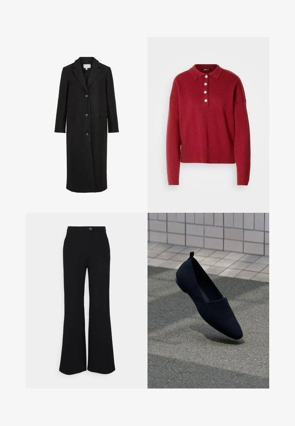 Sort uldfrakke med skræddersyet design, der har en spids krave, lange ærmer, tre frontknapper og sidelommer. Glat tekstur.; Rød strikket sweater med polo krave, fem hvide knapper samt ribbede manchetter og kant. Løs pasform og blød tekstur.; Sorte flagrende bukser lavet af strækstof, der har en frontknaplukning og bæltestropper. Glat tekstur med jævn farve gennem hele stoffet.; Sorte flade sko med spids tå, glat tekstur og minimalistisk design. Har en lille hæl og en løkke ved ryggen.