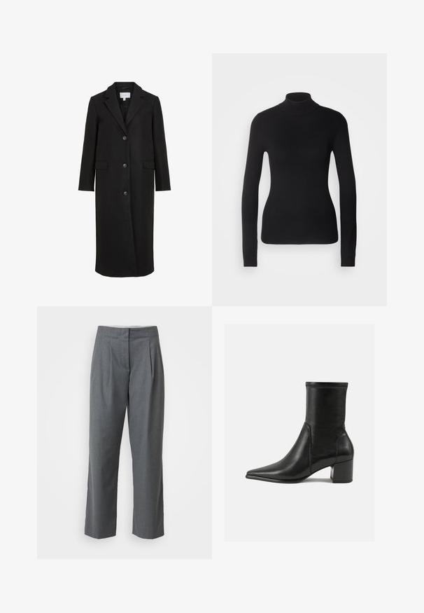 Manteau en laine noire au design ajusté, avec un col cranté, des manches longues, trois boutons sur le devant et des poches latérales. Texture lisse.; Pull à col roulé noir en maille légère. Il possède des manches longues, une coupe ajustée et une texture côtelée douce.; Pantalons gris ajustés à coupe droite, avec une texture lisse, des plis devant et des poches latérales. Pas de quincaillerie ou d'accents visibles.; Bottine noire en cuir lisse, avec un bout pointu, un talon carré et des coutures surélevées distinctes au bord supérieur.