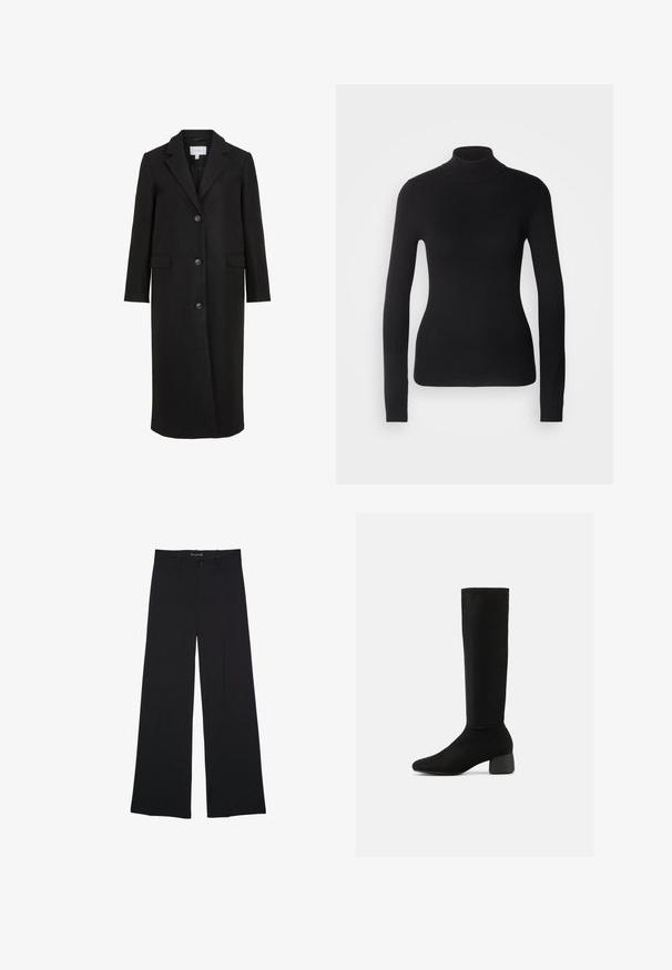 Sort uldfrakke med skræddersyet design, der har en spids krave, lange ærmer, tre frontknapper og sidelommer. Glat tekstur.; Sort turtleneck sweater lavet af let strikket stof. Har lange ærmer, et tætsiddende design og en blød ribbet tekstur.; Sorte bukser med vide ben med knap- og lynlåslukning, bæltestropper og en glat, skræddersyet finish.; Sort knæhøj støvle med strækmateriale, rundet blokhæl og en let spids tå, set fra siden mod en hvid baggrund.