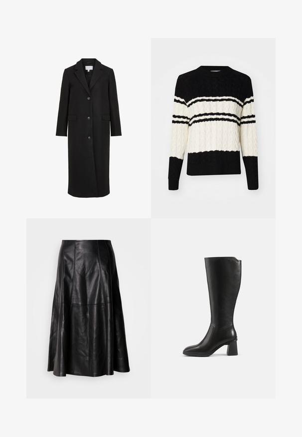 Manteau en laine noire au design ajusté, avec un col cranté, des manches longues, trois boutons sur le devant et des poches latérales. Texture lisse.; Pull en tricot noir et blanc avec un motif en câble, des rayures horizontales et des poignets et un ourlet côtelés. Encolure ronde, coupe décontractée.; Jupe en cuir noir avec une silhouette évasée, présentant des coutures visibles et une texture lisse. Conception mi-longue avec une coupe classique.; Botte en cuir noire montant jusqu’au genou avec un talon bloc et un bout arrondi, vue de profil sur un fond uni.