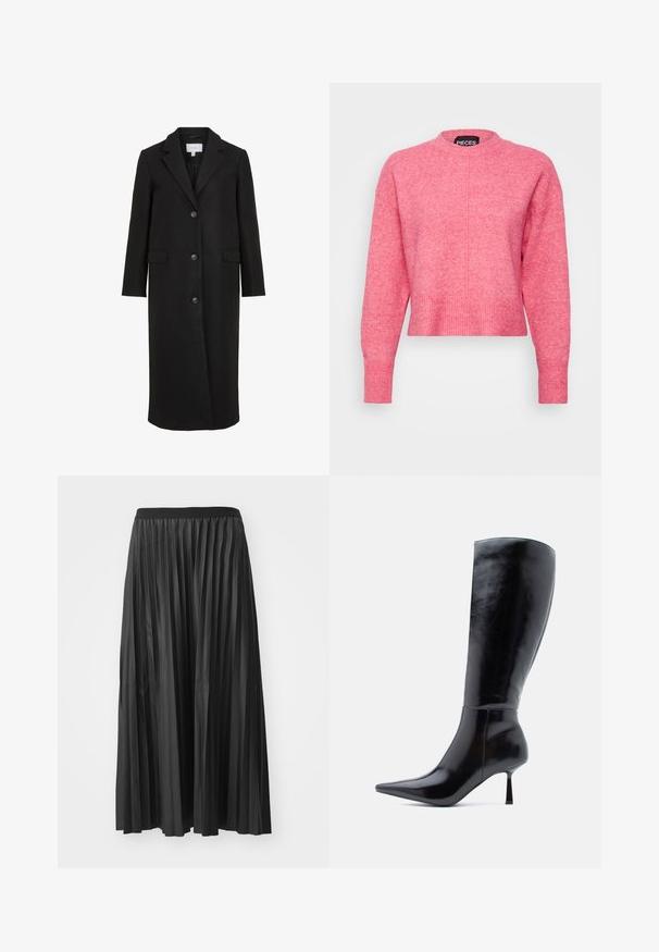 Sort uldfrakke med skræddersyet design, der har en spids krave, lange ærmer, tre frontknapper og sidelommer. Glat tekstur.; Rosa cropped sweater med rund hals, lange ærmer, ribbede manchetter og kant. Afslutningen har en let tekstureret finish. Mærket er synligt.; Sort plisseret maxiskørt med en glat tekstur og elastisk talje, der har lodrette folder som skaber volumen og bevægelse.; Sorte knæhøje stiletto støvler med en skinnende læderoverflade, spids tå og slank, konisk hæl, der har en glat overflade og et strømlinet design.