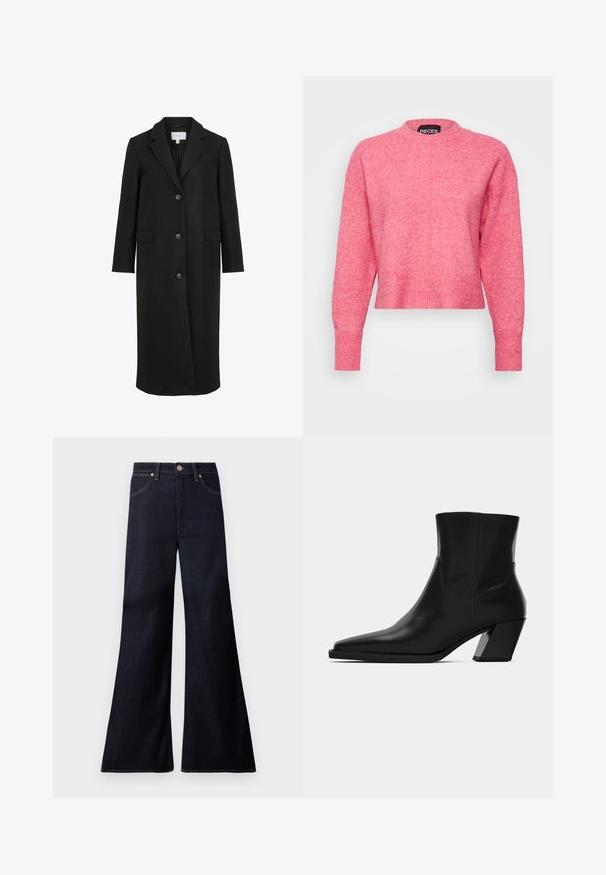 Manteau en laine noire au design ajusté, avec un col cranté, des manches longues, trois boutons sur le devant et des poches latérales. Texture lisse.; Pull cropped rose avec un col rond, des manches longues, des poignets et un ourlet côtelés, présente une finition légèrement texturée. Étiquette de marque visible.; Jean en denim indigo foncé taille haute, coupe large évasée, bouton à l'avant, fermeture éclair et deux poches avant avec rivets en cuivre.; Bottine en cuir noir avec un bout pointu, une silhouette élégante et un talon carré massif. Texture lisse avec des détails de couture minimalistes.