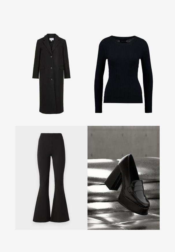 Manteau en laine noire au design ajusté, avec un col cranté, des manches longues, trois boutons sur le devant et des poches latérales. Texture lisse.; Pull noir à manches longues côtelé avec un col rond et une silhouette ajustée. La texture est lisse avec un léger étirement partout.; Leggings noirs évasés en tissu extensible, dotés d'une taille haute et d'une texture lisse, s'évasant vers le bas avec un large flare au niveau des chevilles.; Mocassin à plateforme en cuir verni noir avec un talon bloc épais flottant au-dessus d'une surface matelassée métallique brillante.