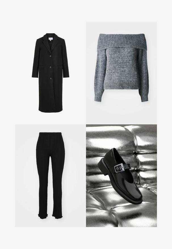Manteau en laine noire au design ajusté, avec un col cranté, des manches longues, trois boutons sur le devant et des poches latérales. Texture lisse.; Pull gris à épaules dénudées, texture tricotée, manches longues, ourlet et encolure côtelés avec une coupe ample, idéal pour le superposition.; Pantalons noirs à côtes avec un bas évasé, présentant un design texturé et une taille élastique. Tissu lisse et léger avec une silhouette ajustée.; Chaussure Mary Jane en cuir noir avec un bout carré, un accent de boucle en argent et un talon bas épais, sur un fond argenté brillant.