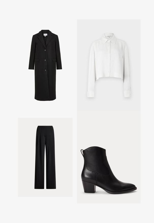 Zwarte wollen jas met een op maat gemaakt ontwerp, voorzien van een geknipt kraag, lange mouwen, drie knopen aan de voorkant en zijzakken. Soepele textuur.; Witte cropped shirt met lange mouwen, knoopsluiting aan de voorkant en klassieke kraag. Glad stof met gestructureerde manchetten en minimalistisch ontwerp.; Zwarte wijde broek met plooien aan de voorkant, een tailleband met knopen en zijzakken, getoond tegen een effen achtergrond.; Zwarte leren enkellaars met lage blokhak, ronde neus en trekriem aan de achterkant tegen een effen witte achtergrond.