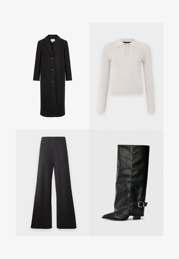 Manteau en laine noire au design ajusté, avec un col cranté, des manches longues, trois boutons sur le devant et des poches latérales. Texture lisse.; Polo à manches longues gris clair avec une texture côtelée, patte de boutonnage à deux boutons et col classique. Tissu doux avec une coupe ajustée.; Pantalons à jambes larges en tissu noir avec des rayures blanches. Présentent une taille haute et une texture lisse. Aucune embellissement visible.; Bottes noires en cuir longueur cheville avec un bout pointu, texture lisse et une accent en boucle argentée sur le côté. Talon carré épais.