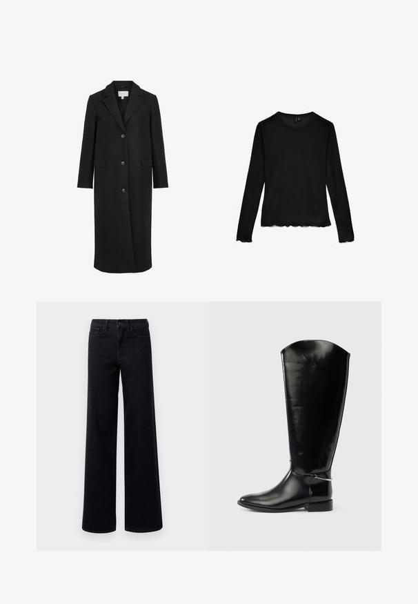 Manteau en laine noire au design ajusté, avec un col cranté, des manches longues, trois boutons sur le devant et des poches latérales. Texture lisse.; Chemise noire à manches longues avec col ras du cou, bords festonnés aux manches et à l'ourlet, posée à plat sur un fond blanc.; Jean en denim noir à jambes larges avec une taille haute, doté de poches standard et d'une fermeture à bouton. Texture lisse avec un léger, stretch.; Botte haute en cuir noir avec un bout pointu, un talon bas et un détail en métal argenté à la cheville sur un fond blanc uni.