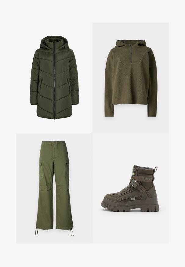Chaqueta de plumas verde oliva con capucha, que presenta un cierre de cremallera en la parte delantera, bolsillos laterales y costuras en forma de flecha para proporcionar textura e insulation.; Suéter de forro polar verde oliva con capucha, cierre de media cremallera en la parte delantera, tela texturizada y ribete contrastante en el dobladillo y en los puños.; Pantalones cargo verde oliva de algodón, con un diseño de pierna ancha, dos bolsillos laterales y lazos ajustables en el dobladillo.; Buffalo ASPHA LACEUP MID - Botines con cordones - khaki
