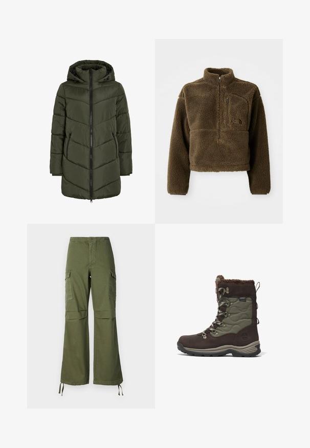 Chaqueta de plumas verde oliva con capucha, que presenta un cierre de cremallera en la parte delantera, bolsillos laterales y costuras en forma de flecha para proporcionar textura e insulation.; Chaqueta de forro polar marrón con cuello alto, cierre de media cremallera en la parte delantera y un bolsillo en el pecho; cuenta con una tela texturizada y un logotipo en el frente.; Pantalones cargo verde oliva de algodón, con un diseño de pierna ancha, dos bolsillos laterales y lazos ajustables en el dobladillo.; La bota impermeable en tonos marrón y caqui presenta ante y tela acolchada, ganchos de metal para los cordones, forro de piel de peluche y una suela de goma texturizada.