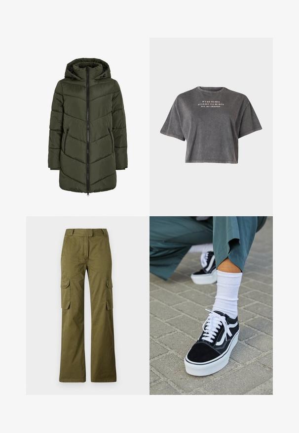 Olivgrüne Steppjacke mit Kapuze, ausgestattet mit einem Reißverschluss vorne, Seitentaschen und Zickzacknähten für Textur und Isolierung.; Even&Odd by Zalando T-Shirt print - black; Olivgrüne Cargo-Hose aus Baumwollmischung, mit geradem Bein, zwei seitlichen Taschen und einem Knopfverschluss am Bund.; Schwarze Wildledersneaker mit weißen Akzenten und Schnürsenkeln, ausgestattet mit einer dicken weißen Sohle und kontrastierenden Nähten, kombiniert mit einer weißen Socke.