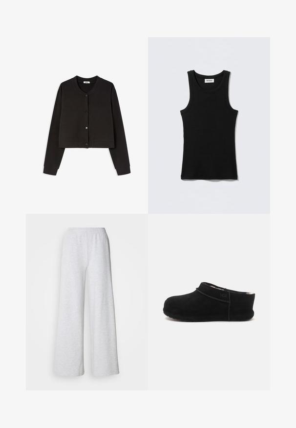 Cardigan court noir en tissu doux, avec des manches longues, un col rond et cinq boutons sur le devant avec une texture lisse.; Débardeur noir en coton, avec un col rond et des bretelles étroites. Design simple, sans motifs ni accents visibles.; Pantalons larges gris clair avec une taille élastique, fabriqués en tissu doux avec une texture subtile et sans motifs ou accents visibles.; Chausson en daim noir à enfiler avec un petit talon, bout arrondi et doublure intérieure douce visible à l'ouverture, vue latérale.