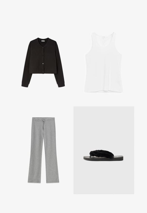 Cardigan court noir en tissu doux, avec des manches longues, un col rond et cinq boutons sur le devant avec une texture lisse.; Débardeur blanc sans manches avec encolure ronde, posé à plat sur un fond blanc.; Pantalon de jogging gris clair à jambes droites avec taille élastique et cordon à nouer devant sur fond blanc.; Tong flip-flop noire avec des brides épaisses en peluche moelleuse et une semelle texturée, vue de côté sur un fond gris clair uni.