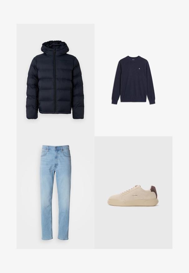 Calvin Klein Chaqueta de invierno - dark sapphire; Jersey azul marino de manga larga con puños y bajo acanalados, cuello redondo y pequeño logo blanco "CK" en el pecho izquierdo.; Jeans de mezclilla azul claro con un corte recto, cinco bolsillos y trabillas para cinturón. La tela presenta una textura suave con un ligero efecto de desvanecimiento.; Zapatilla de ante beige con punta redondeada, cordones en la parte frontal y un acento de ante marrón en el talón. Cuenta con una suela de goma texturizada.