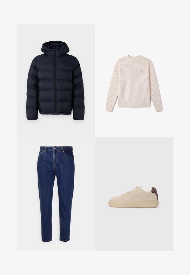 Calvin Klein Winterjas - dark sapphire; Crèmekleurige geribbelde gebreide trui met lange mouwen en klein "cK"-logo op de linkerborst, ronde hals en aansluitende boorden.; Donkerblauwe straight-leg spijkerbroek met knoop- en ritssluiting aan de voorkant, riemlussen, en voor- en achterzakken.; Beige suède sneakers met een ronde neus, vetersluiting aan de voorkant en een bruine suède accent op de hiel. Beschikt over een gestructureerde rubberen zool.