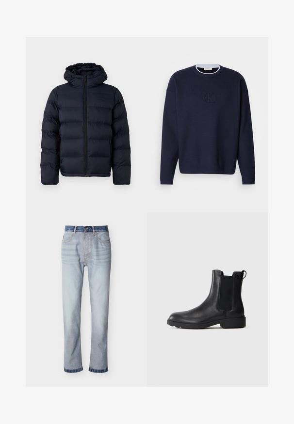 Calvin Klein Winterjas - dark sapphire; Marineblauwe gebreide trui met een ronde hals, geribbelde kraag en subtiele geborduurde "ck" logo op de voorkant. Lange mouwen, losse pasvorm.; Lichtblauwe spijkerbroek met een donkerblauwe tailleband, rechte pijp, vijf zakken en zichtbare stiksel details.; Zwarte leren enkelboot met elastische zijpanelen, trekhaak op de hiel en een lage blokzool tegen een effen achtergrond.