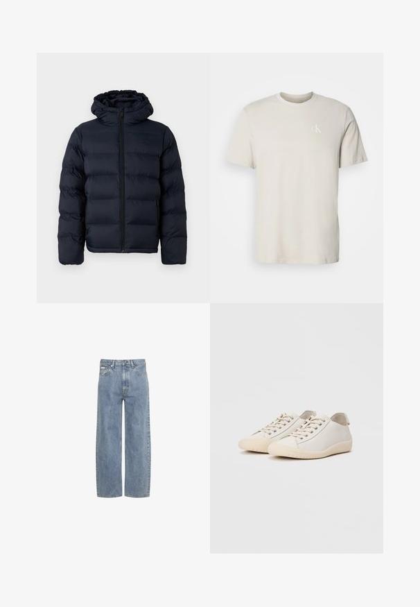 Calvin Klein Winterjas - dark sapphire; Beige katoenen T-shirt met korte mouwen en ronde hals, met een klein wit "cK"-logo op de linkerborst.; Lichtblauwe jeans met rechte pijpen, knoop- en ritsluiting aan de voorkant, riemlussen en een ontwerp met vijf zakken.; Witte sneakers van glad leer met ton-sur-ton stiksels, vetersluiting, ronde neus en een gestructureerde rubberen zool.