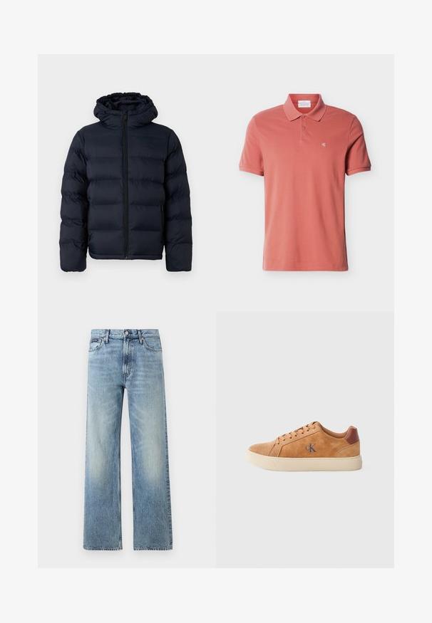 Calvin Klein Chaqueta de invierno - dark sapphire; Polo de hombre de manga corta en color rosa polvoriento con dos botones y pequeño logo blanco "cK" en el pecho izquierdo.; Vaqueros de mezclilla azul claro de corte recto con cintura alta, cinco bolsillos, cierre de botón y sutil desgaste en los muslos y las rodillas.; Zapatilla de ante color canela con suela de goma beige, con acentos marrones y un pequeño logo azul en el costado. Diseño clásico con cordones.