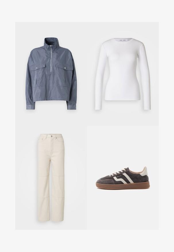 Afgekorte blauwe jas van een lichte, glanzende stof met een hoge kraag, een halve rits aan de voorkant en twee zakken met klep op de borst.; Witte longsleeve shirt van ribstof, met een ronde halslijn en een getailleerde vorm. Er zijn geen patronen of accenten aanwezig.; Lichtbeige wijde jeans gemaakt van katoen. Heeft een hoge taille, een knoopsluiting aan de voorkant en twee horizontale naadaccenten op de benen.; Enkele donkergrijze sneaker met witte leren accenten, getextureerde zijkanten, witte veters en een bruine rubberen zool, in profiel weergegeven tegen een effen achtergrond.