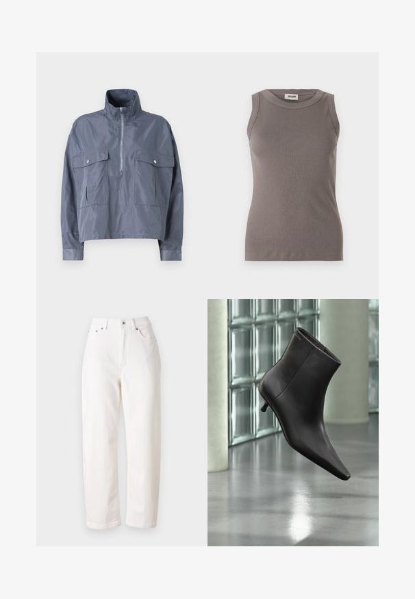 Forkortet blå jakke i et let, skinnende materiale med høj krave, halvlynlås fortil og to klaplommer på brystet.; Grå ribbede tanktop med rund halsudskæring og ærmeløs design, lavet af et blødt, tekstureret stof. Enkel, tætsiddende silhuet.; Hvide denim jeans med lige ben design, høj talje, lynlås og metallukning. Har fem lommer og diskret syning.; Sort læderankelstøvle med spids tå og lille hæl vist mod en væg af glasblokke og poleret gulv baggrund.