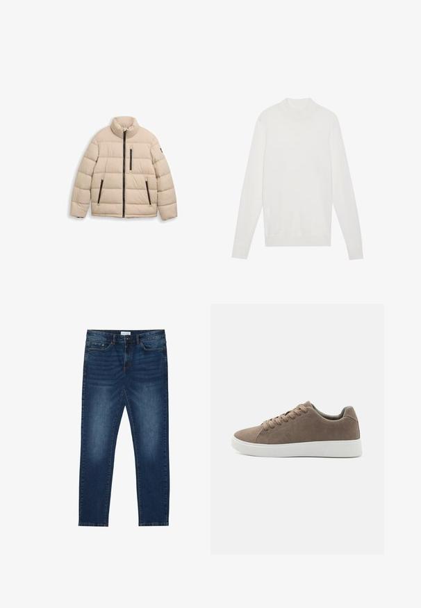 TOM TAILOR SPORTY PUFFER - Χειμωνιάτικο μπουφάν - light cashmere; Λευκό πουλόβερ με ψηλό λαιμό, μακριά μανίκια και ριμπ μανσέτες και στρίφωμα. Κατασκευασμένο από μαλακό πλεκτό ύφασμα. Απλός και εφαρμοστός σχεδιασμός.; Σκούρα μπλε στενά τζιν παντελόνια με ξεθωριασμένες λεπτομέρειες, κλασικός σχεδιασμός πέντε τσεπών, κλείσιμο με κουμπί και θηλιές για τη ζώνη.; Καφέ σουέτ αθλητικά παπούτσια με επίπεδες λευκές καουτσούκ σόλες, σχέδιο με κορδόνια, στρογγυλή μύτη και λεία υφή. Μινιμαλιστικό στυλ με διακριτές ραφές.